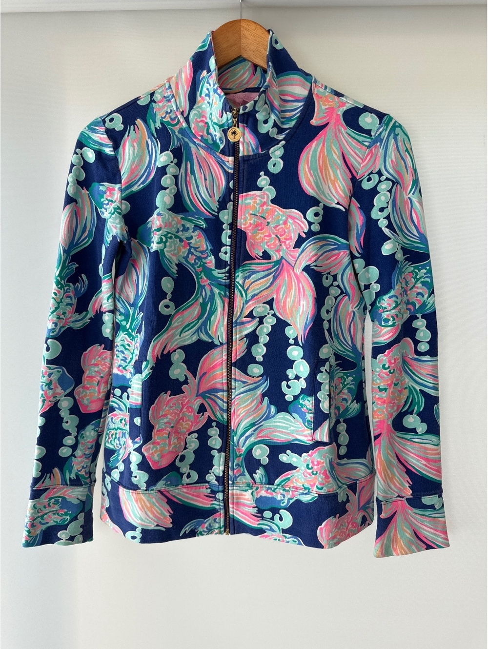 Lilly Pulitzer Womens XXS Luxletic Zip Up Jacket Koi Fish Print Blue Pink